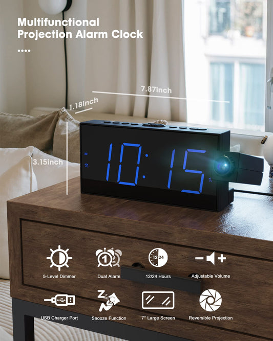 ROCAM alarm clock with projection, projection clock with USB charger, battery backup, 350° projector & dimmer, large LED display, 12/24H, DST, snooze, digital clock for kids
