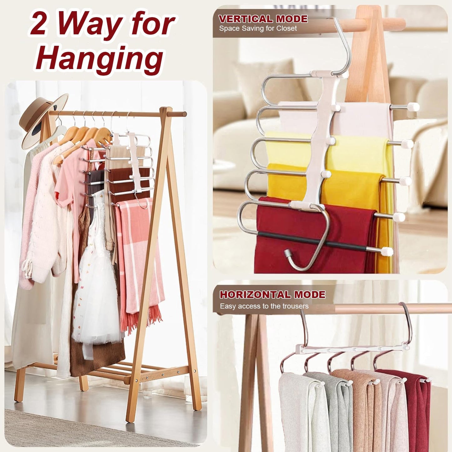 Space-saving 5 IN 1 pants hanger made of stainless steel, extendable for pants, scarfs, jeans, clothing, and towels. Set of 4 - rustproof steel.