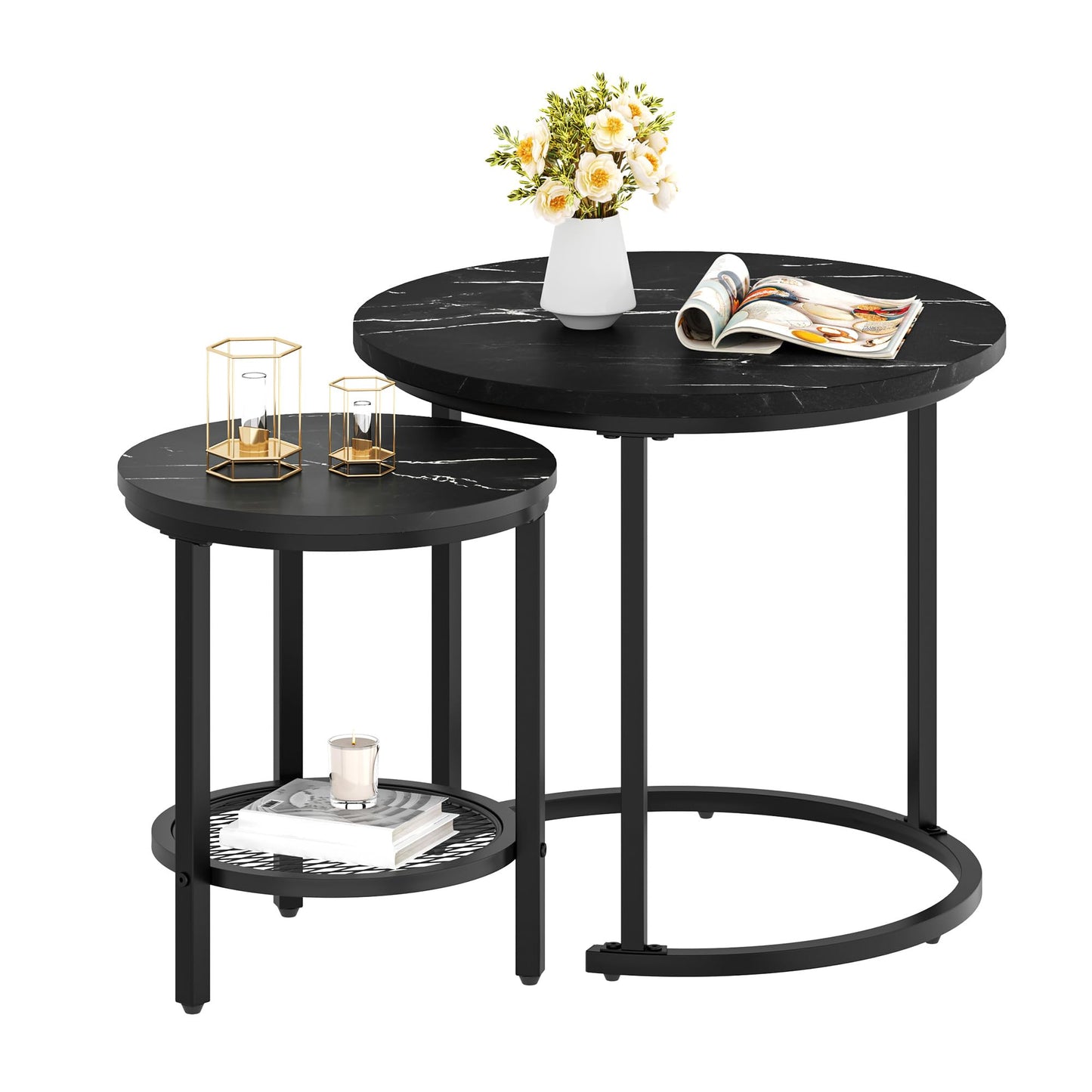 YITAHOME 2-Piece Round Coffee Table Set, Modern Living Room Table with Storage, Stackable Side Table Set with Wooden Top and Metal Frame, Living Room Home Office Coffee Table