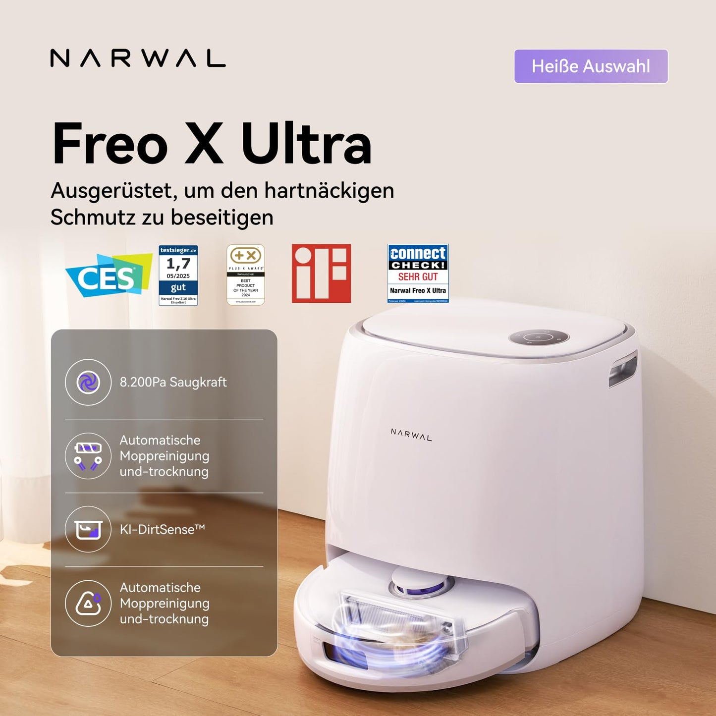 Narwal Freo X Ultra Robot Vacuum with Mop Function, Self-Cleaning Mop Robot with 8,200 Pa Suction Power, All-in-One Station, Tangle-Free, DirtSense, 3D Structure Light, Dust Storage