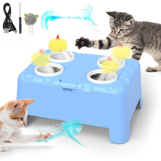 IOKHEIRA Interactive Cat Toy, 2-in-1 Automatic Cat Toy, 4-Hole Mouse-Whack-a-Mole Cat Mouse Toy with Moving Feather, USB Rechargeable Kitten Toy.