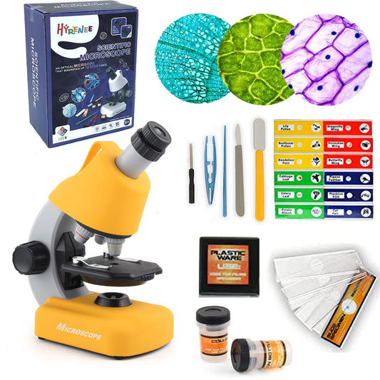 STEM microscope for kids beginner microscope with 40x - 1200x magnification children's microscope LED light science kit for students toy for kids boys girls age 6+ yellow