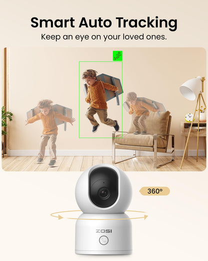 ZOSI 2K WiFi Indoor Surveillance Camera, 360° Rotatable Camera for Baby, 2.4/5GHz WiFi, AI Person Detection, Auto-Tracking, One-Touch Call, C518.