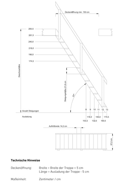 DOLLE space-saving staircase made of untreated solid spruce Height up to 283.5 cm including railing with two-part stringer