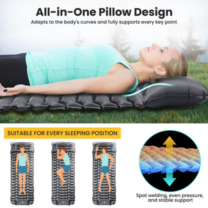Self-Inflating Sleeping Pad, Ultralight Camping Inflatable Mattress with Foot Pump and Pillow, Foldable Waterproof Air Mattress Anti-Ripstop Sleeping Pad for Hiking, Beach, Camping.