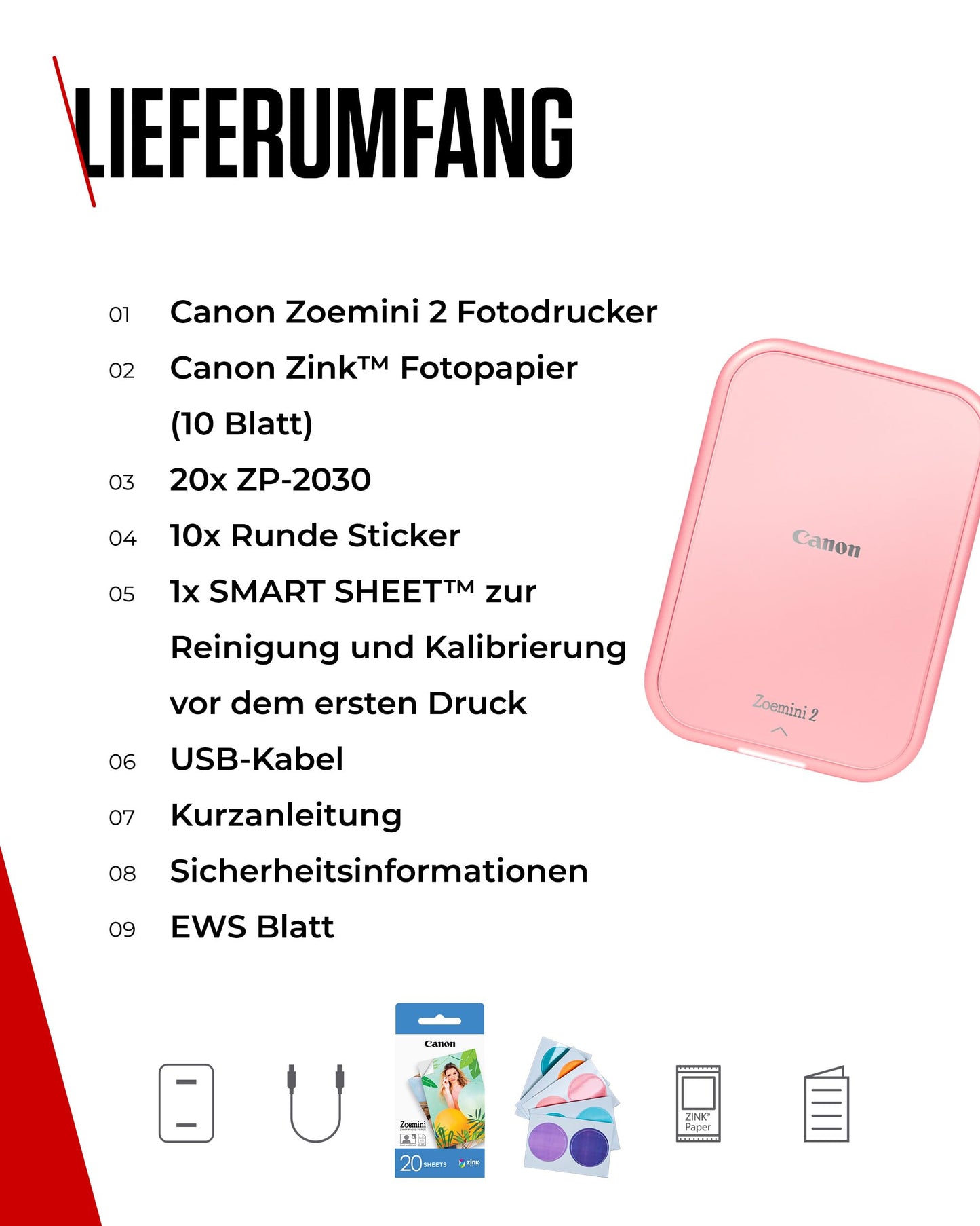 Canon Zoemini 2 Printer Set: Create and print memories anywhere - Compact, portable photo printer - Bluetooth 5.0 - Fast USB-C charging on the go (Rose Gold)