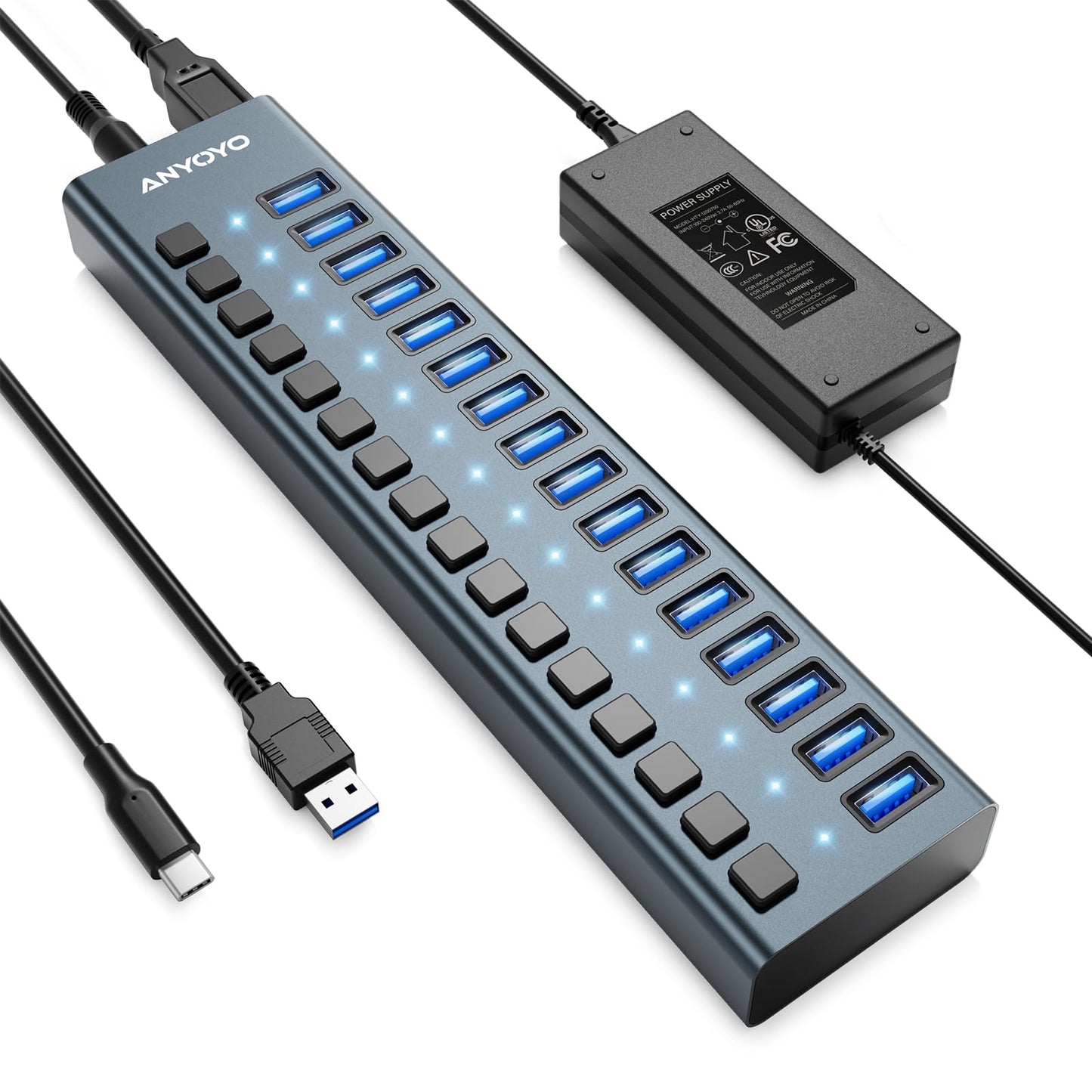 USB Hub 3.1 with 90W power supply, 16 Port USB 3.1 Aluminum Hub Active 3.1 with 12V/7.5A power supply USB hub with power supply for laptop, PC, computer, mobile HDD, flash drive.