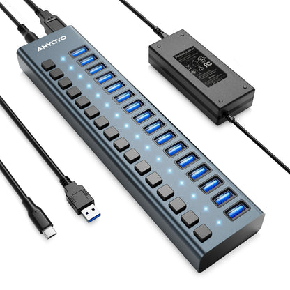 USB Hub 3.1 with 90W power supply, 16 Port USB 3.1 Aluminum Hub Active 3.1 with 12V/7.5A power supply USB hub with power supply for laptop, PC, computer, mobile HDD, flash drive.