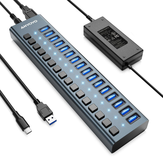 USB Hub 3.1 with 90W power supply, 16 Port USB 3.1 Aluminum Hub Active 3.1 with 12V/7.5A power supply USB hub with power supply for laptop, PC, computer, mobile HDD, flash drive.