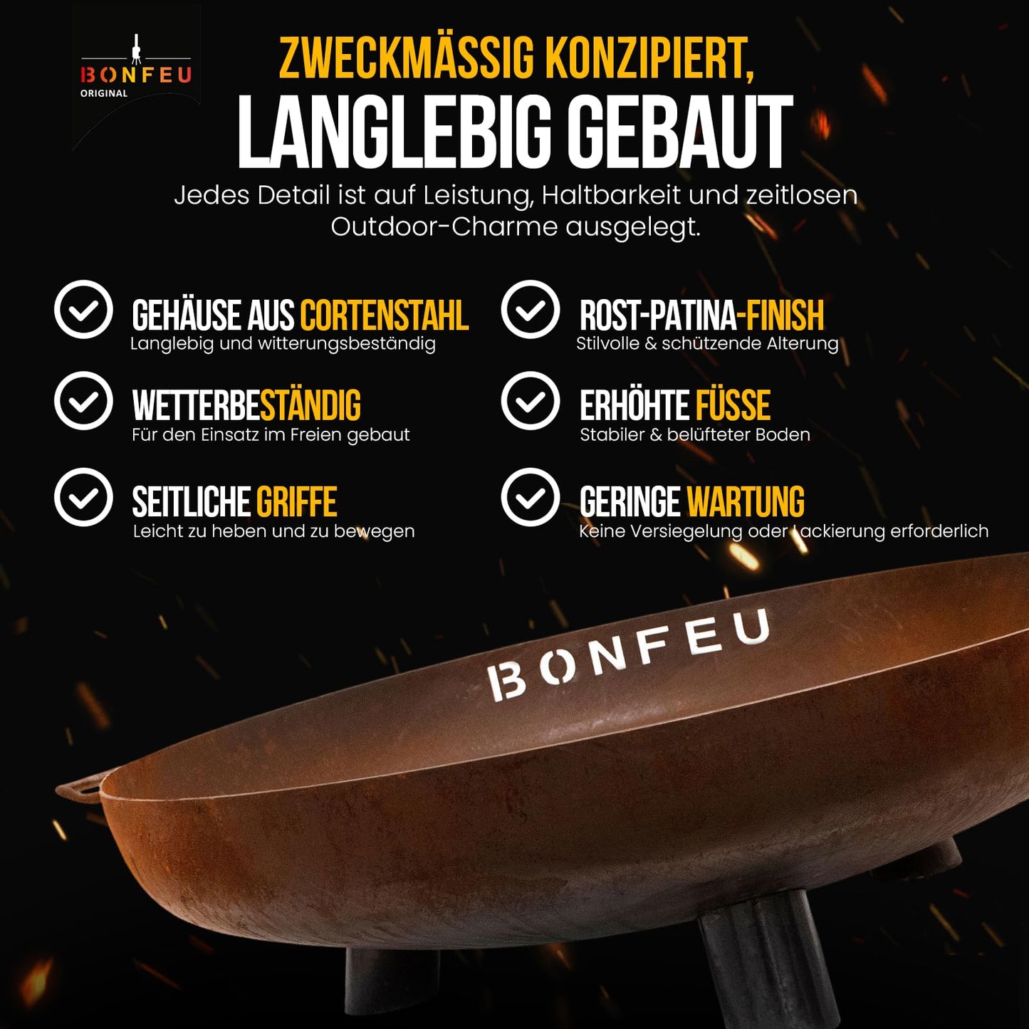 BonFeu BonBowl Plus fire bowl 80 cm - fire bowls for the garden - outdoor fire pit - fire bowl with optional grill grate made of high-quality Corten steel - fire basket for the garden - 80x80x23.5cm
