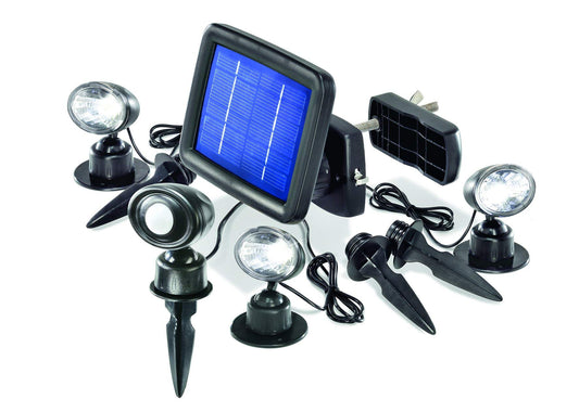 Esotec LED Solarspot Trio PIR, 3-pack, motion sensor, ground light, LED spot, solar spotlight, pond lighting, solar plug, 6000K, cool white, ground spike, battery, outdoor, IP44, weatherproof, 102144