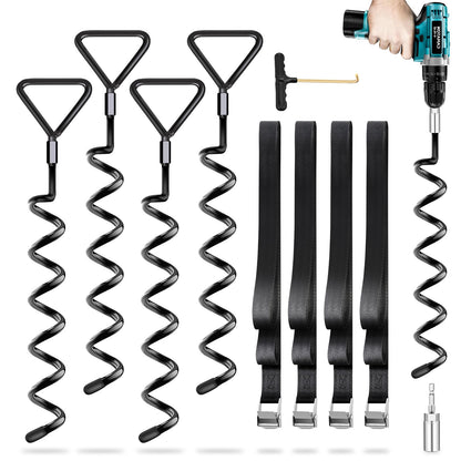 Ground Anchor Trampoline 4 Pack | Heavy Duty Ground Anchors | Screw-in Anchors for Trampolines | Twist-in Ground Anchors for High Winds with Straps