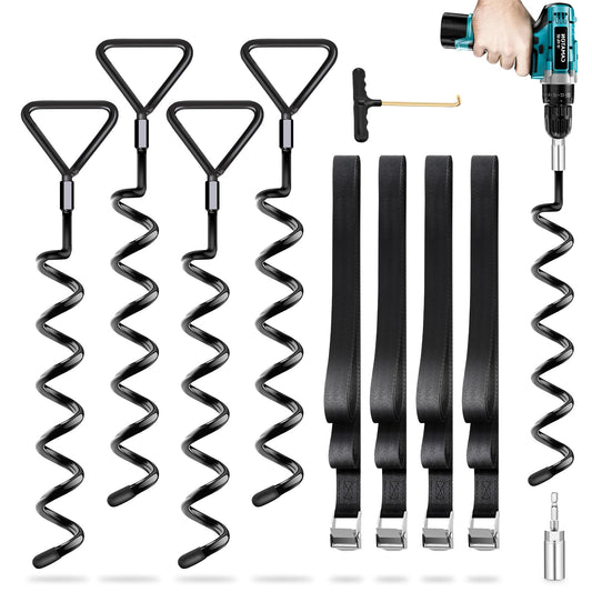 Ground Anchor Trampoline 4 Pack | Heavy Duty Ground Anchors | Screw-in Anchors for Trampolines | Twist-in Ground Anchors for High Winds with Straps