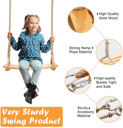 Wooden swing seat for adults kids, outdoor wooden swing with adjustable hemp rope for indoor and outdoor use. Extra wide seat tree swing 19 x 9.8 inches Capacity: 200KG.