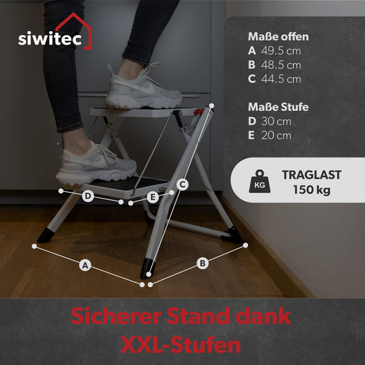 siwitec Mini Folding Step Stool 2 Steps, Foldable Ladder, Step Stool Supports up to 150 kg, Stepladder with Extra Wide Steps, Household Ladder in White Made of Steel, TÜV/GS Certified