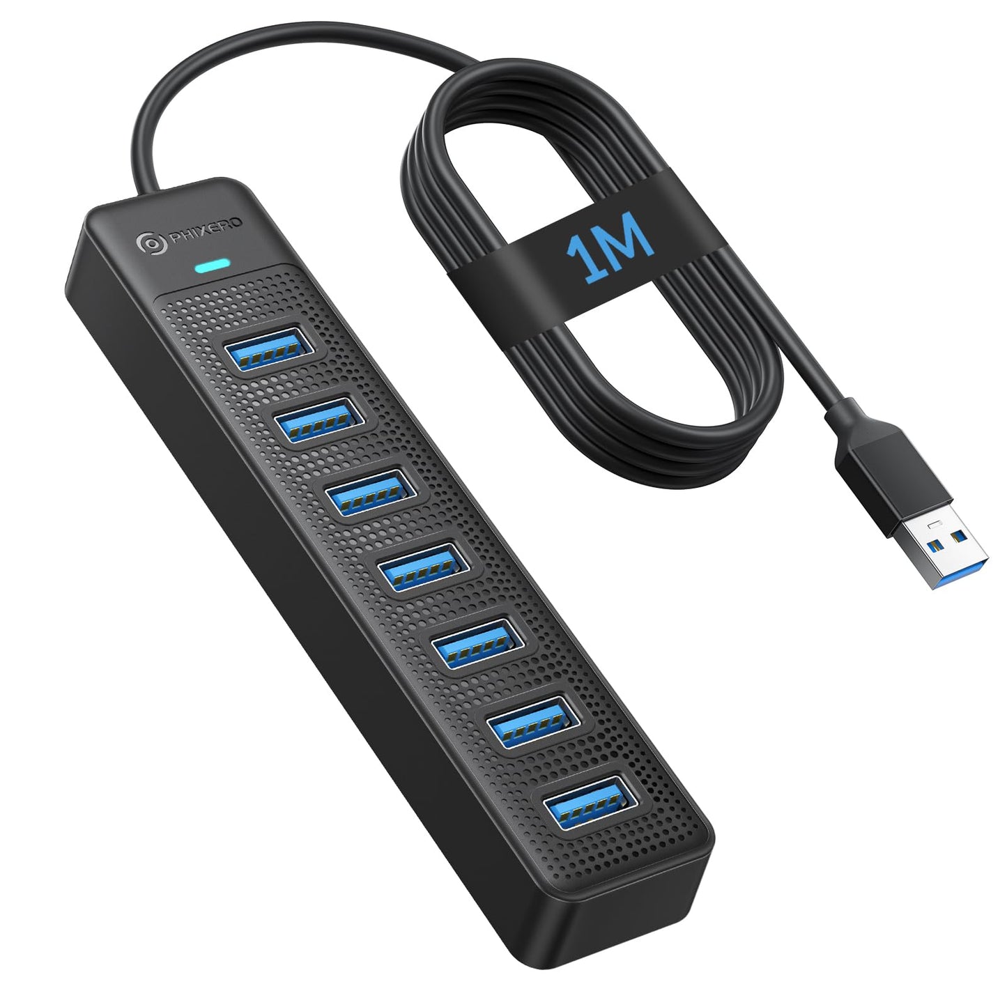 PHIXERO 7 Port USB Hub, 100CM Long Cable USB 3.0 Hub USB Distributor Adapter, Super Speed 5Gbps Data Hub, Compatible with All USB Port Devices