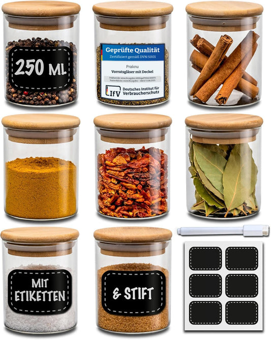 Spice Jars Large - 8 piece set 250ml - with Labels for Customization - Airtight - Dishwasher Safe - Kitchen Organization - for Spices, Herbs & Tea (8x 250ml)