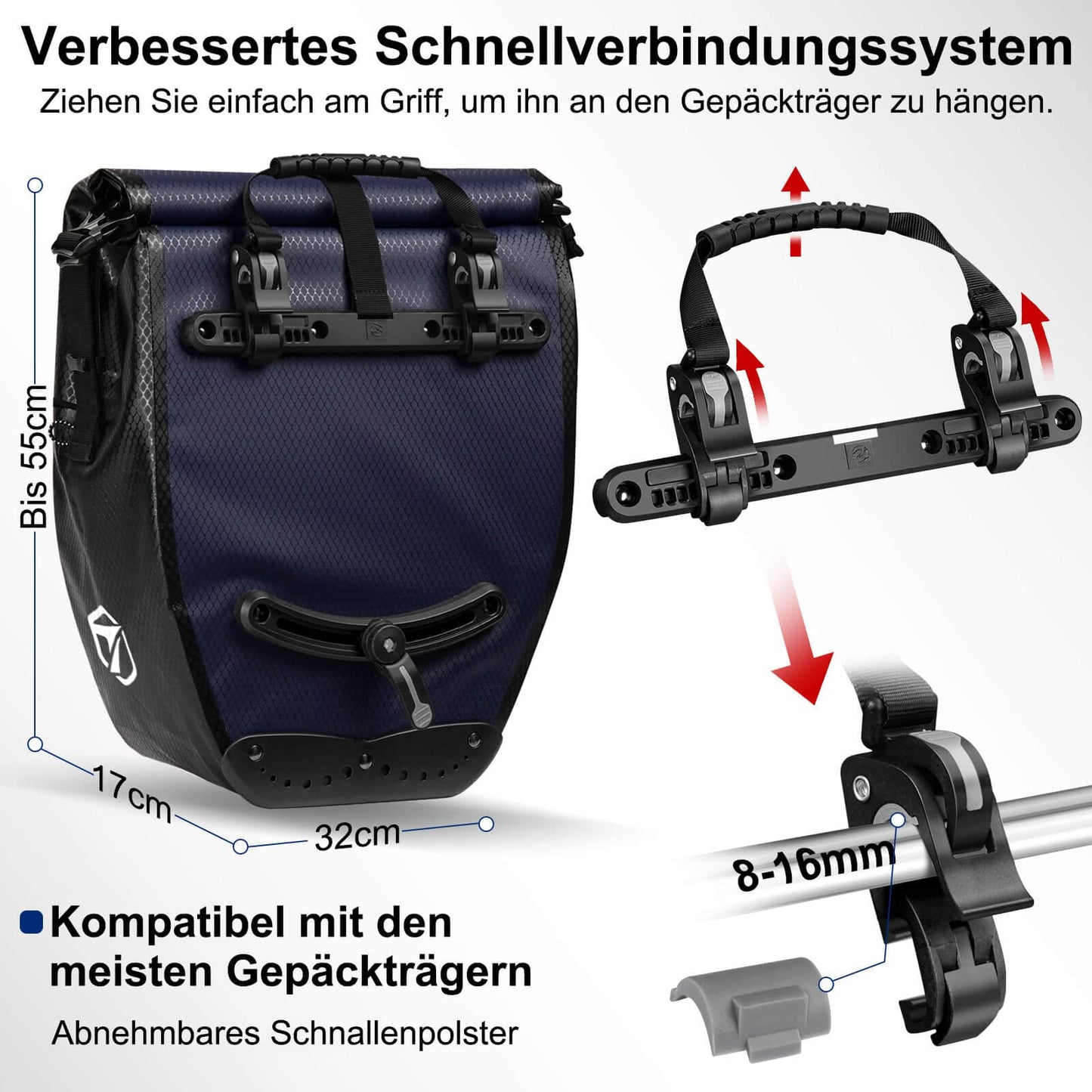 Toptrek bike bag rack, Waterproof bike bags for rack with buckle of the new generation, Bike bag rear rack 23-28L with reflectors and compartments (1 pack)