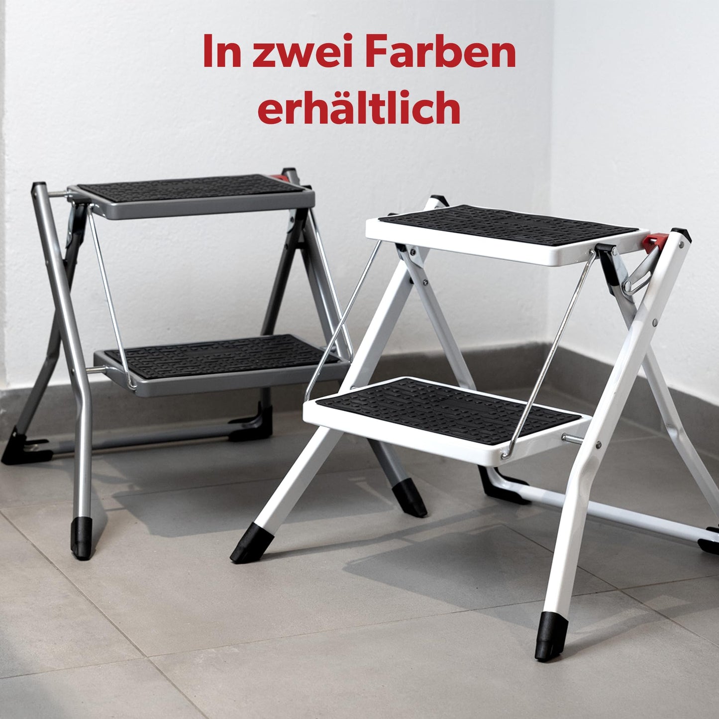 siwitec Mini Folding Step Stool 2 Steps, Foldable Ladder, Step Stool Supports up to 150 kg, Stepladder with Extra Wide Steps, Household Ladder in White Made of Steel, TÜV/GS Certified