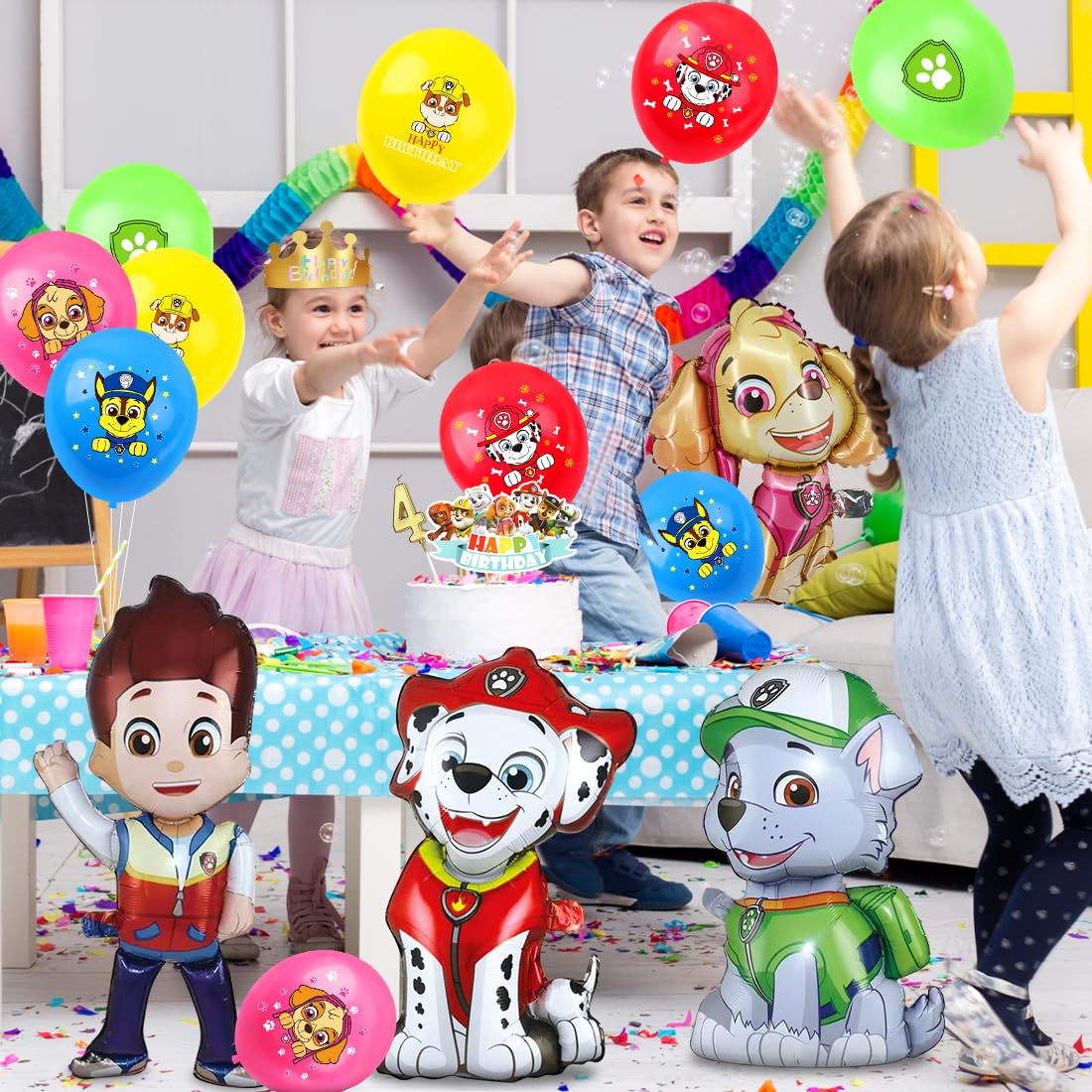 Patrol birthday decor for 4 years, Paw balloon for kids birthday party boys girls, Cartoon Dog Balloon Set, Dog Patrol Blue Balloon for 4th birthday, Cake topper for 4th birthday kids party decorations.