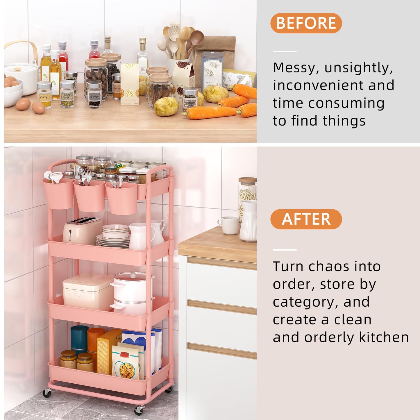 JIUYOTREE 4-tier plastic rolling cart with additional hanging handles, locking wheels for living room, bathroom, kitchen, office, Pink.