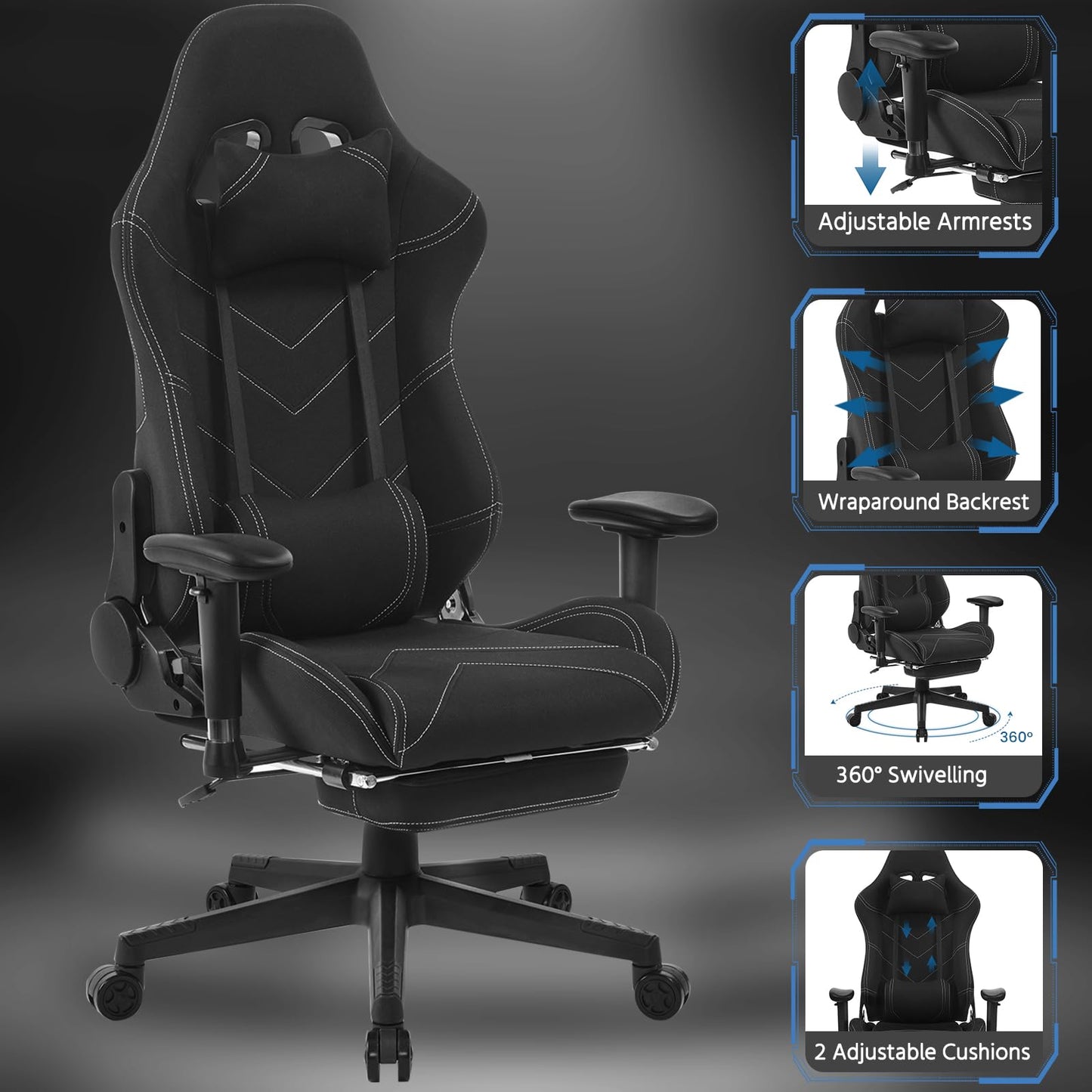 WOLTU Gaming chair fabric for summer, breathable office chair gaming chair ergonomic with lumbar pillow, gamer chair racing PC chair with rocking function & footrest live streaming swivel chair black