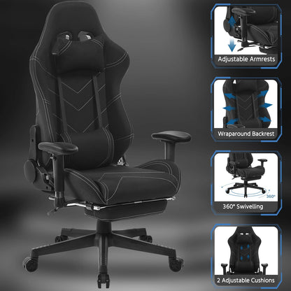 WOLTU Gaming chair fabric for summer, breathable office chair gaming chair ergonomic with lumbar pillow, gamer chair racing PC chair with rocking function & footrest live streaming swivel chair black