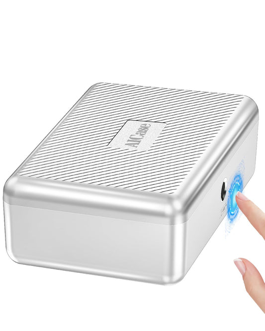 AICase safe with biometric fingerprint recognition for on-the-go and at home, Portable security box with fingerprint and morse code; Cash box, Safe Deposit Box; Silver
