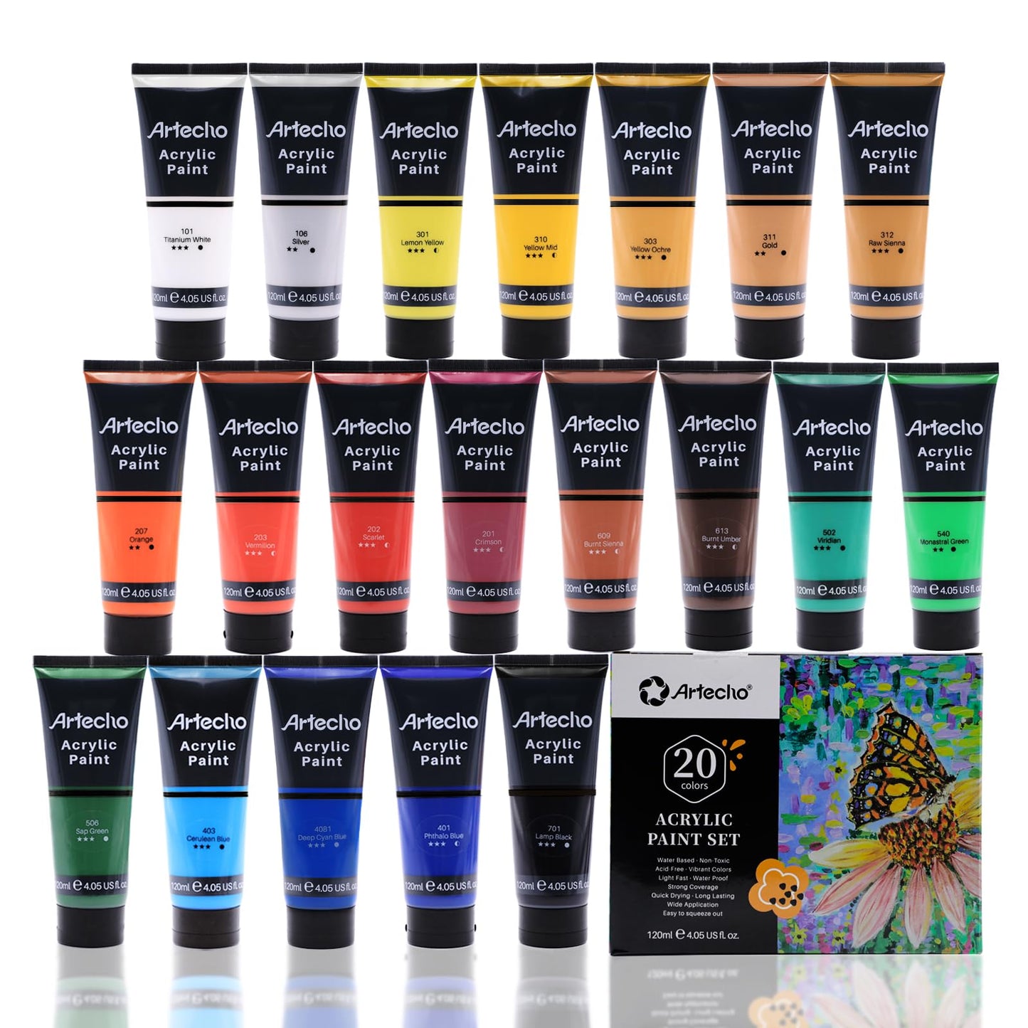 Artecho Acrylic Paint Set Professional 20x120 ml, Waterproof and Lightfast, Quick Drying, Ideal for Canvas, Wood, Fabric, Crafts, Leather, and Stone.