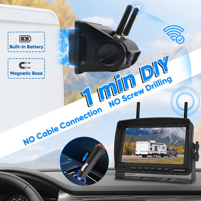 URVOLAX 100% wireless backup camera, 6700mAh rechargeable battery, magnetic mount, DIY installation, 7-inch FHD monitor, video recording for truck, camper, RV, car.