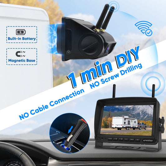 URVOLAX 100% wireless backup camera, 6700mAh rechargeable battery, magnetic mount, DIY installation, 7-inch FHD monitor, video recording for truck, camper, RV, car.