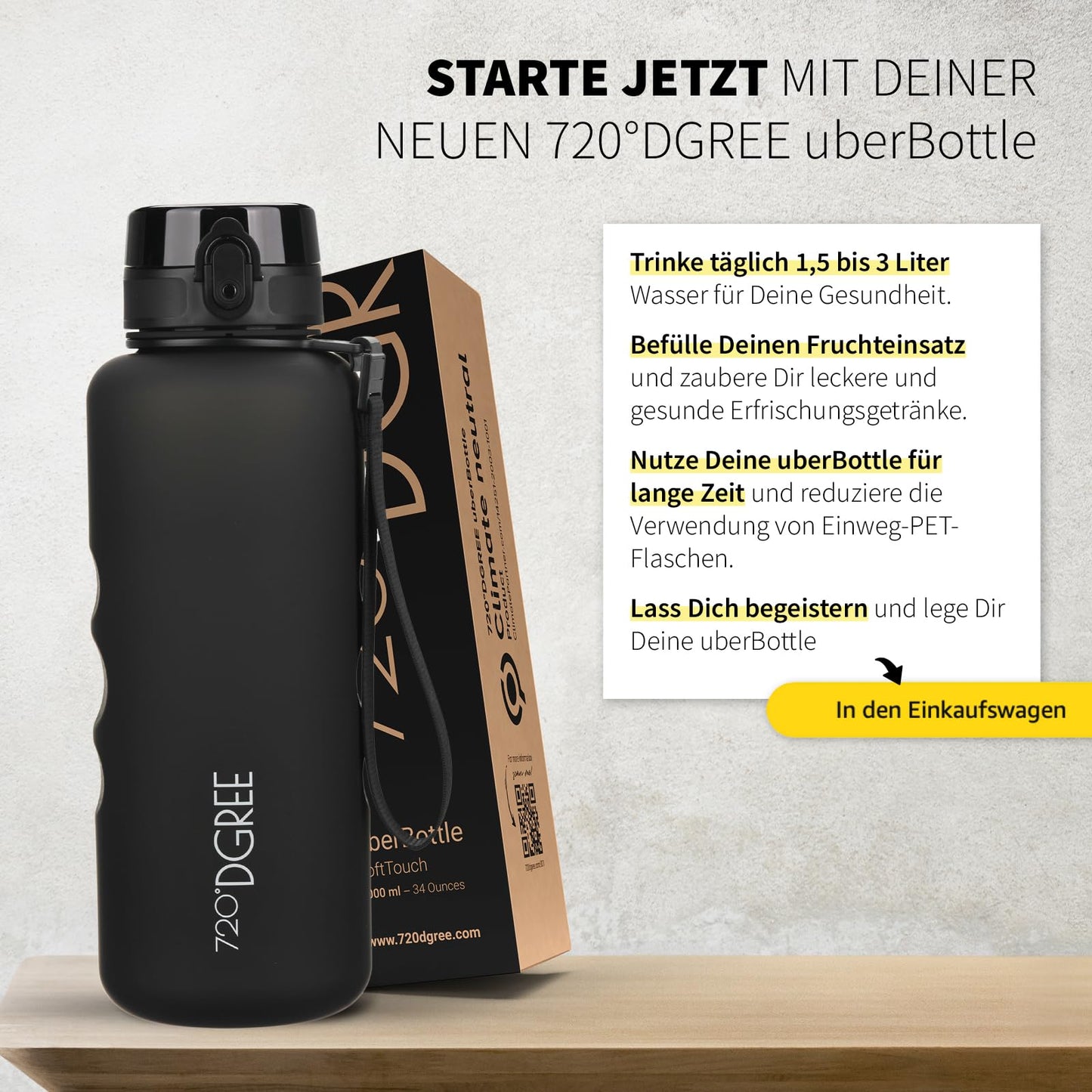 720°DGREE water bottle 2l "uberBottle" with detachable loop + motivation scale, sieve - leak-proof, lightweight, BPA-free - Tritan sports bottle - water bottle for university, job, sports, fitness studio, gym.