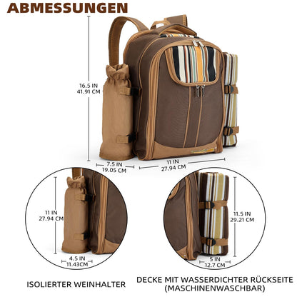 Apollo Walker picnic backpack for 2 people picnic set (set & blanket) thermal bag coolers for camping, beach, hiking Brown