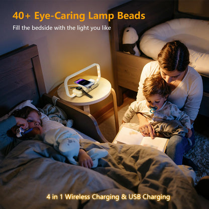 Bedside lamp with charging function, LED table lamp with touch control, stepless dimming and 5 color modes. 3-in-1 inductive charging station with wireless charger for iPhone/AirPods/iWatch (adapter included).
