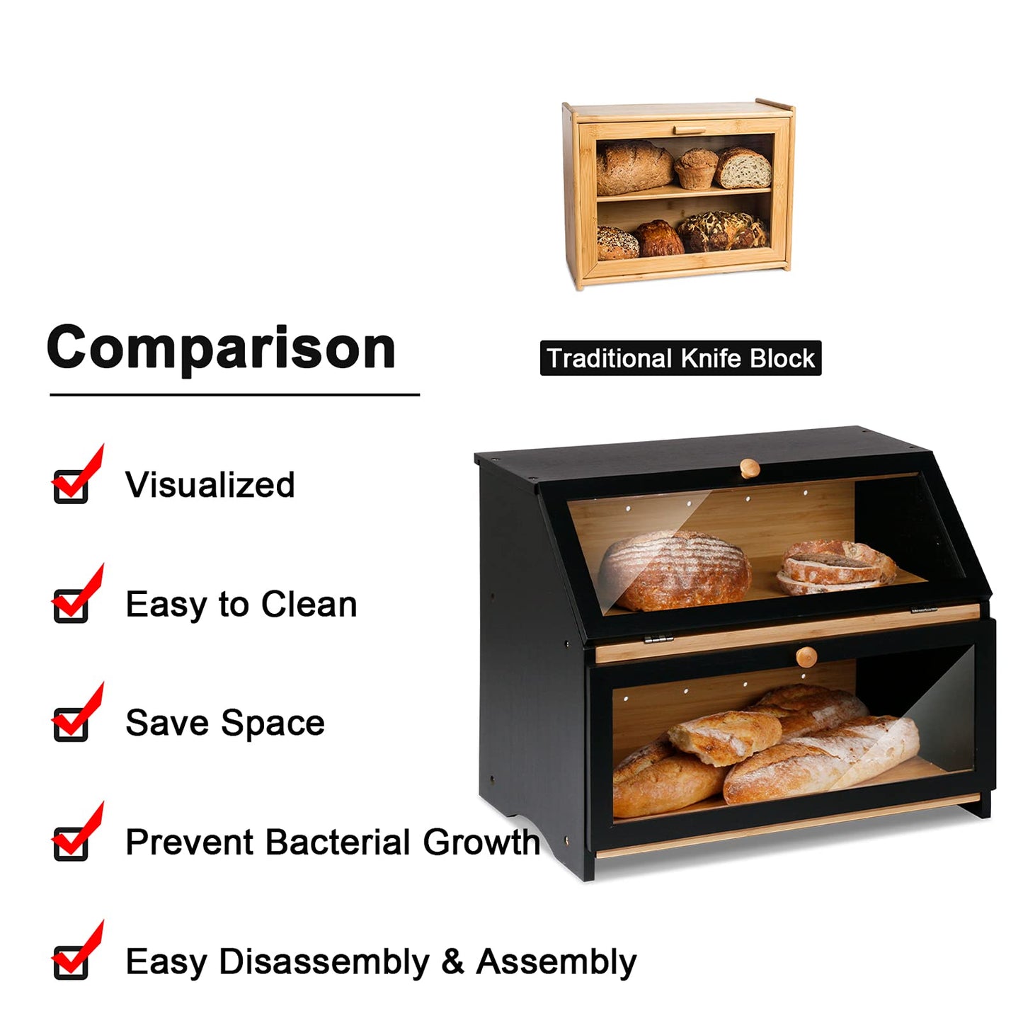 Leader Accessories Bamboo Bread Box 2 Tier Bread Container food safe Bread Storage easy to clean 39x25x32cm Black