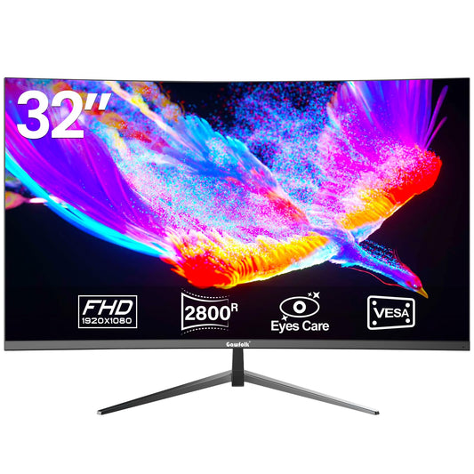 Gawfolk PC Monitor 32 inch 75Hz, PC Screen Curved Full HD 1080P, Frameless 2800R Computer Monitor with Eye Care Technology, HDMI VGA, supports VESA.
