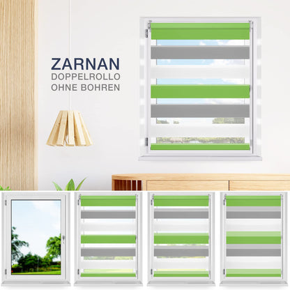 Zarnan Double Roller Blind Clamp Fix without drilling Green-grey-white 40x140cm (fabric width 36cm) Duo Roller Blind opaque Zebra Roller Blinds for windows without drilling for living room kitchen office translucent