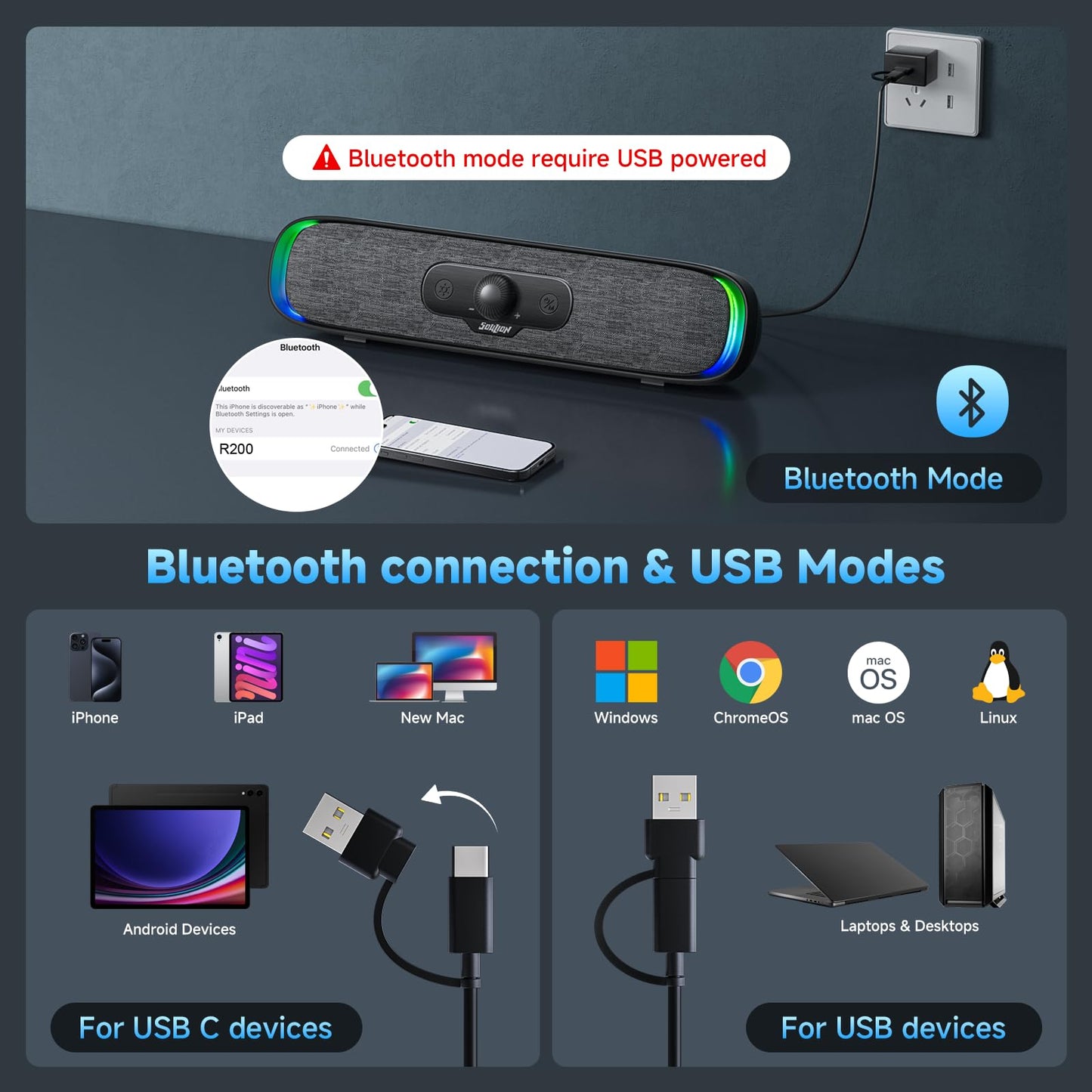 SOULION R200 PC Speakers USB C Bluetooth RGB Soundbar with 3 LED light effects, Compact Computer Bar Speakers for PC, Monitor, Laptop
