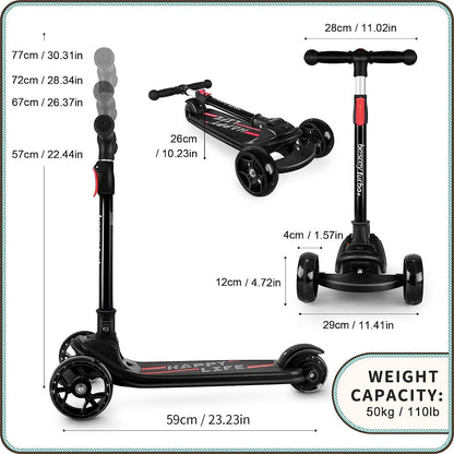 Besrey Kids Scooter, the safe tricycle scooter with PU LED light-up wheels, foldable adjustable height, lightweight with weight capacity up to 50 kg, suitable for toddler boys and girls.