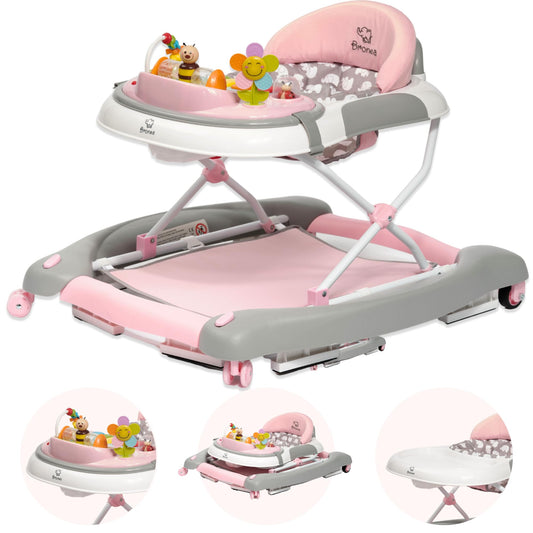 BRONEA® 4-in-1 Baby Walker for ages 6 months and up | Walker with rocking function and musical play panel | Adjustable height, foldable design | Features quiet wheels and brakes for safety