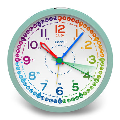 Eachui analog alarm clock for kids without ticking for boys and girls - learning alarm clock with night light, snooze, and battery operated analog quartz alarm clock, easy to set up (green)