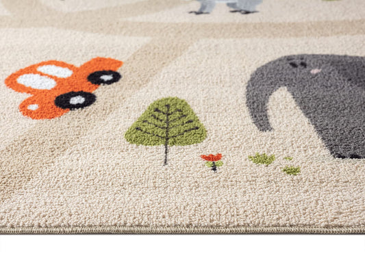 The carpet Happy Life children's room, children's carpet, play carpet, street carpet, street, jungle, animals, car, beige, 120 x 160 cm
