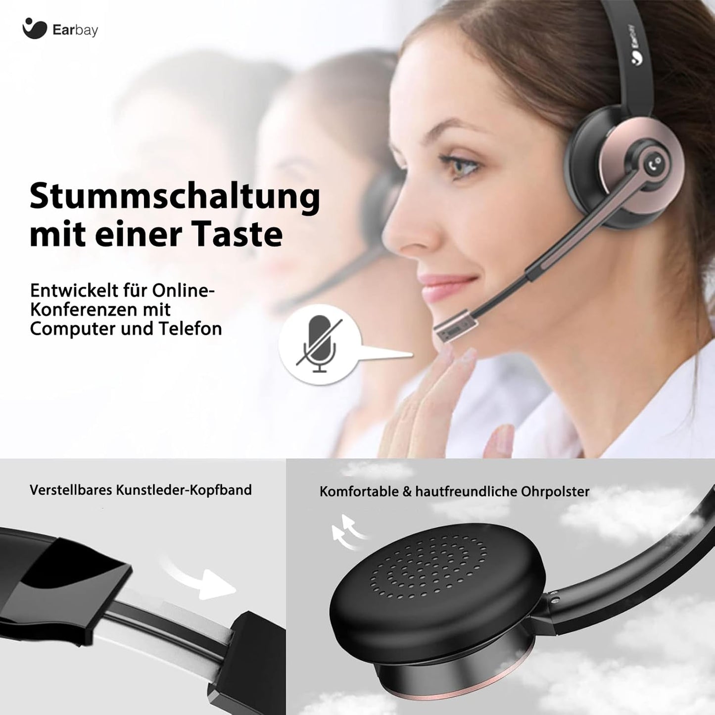 Wireless headset, Bluetooth headset with microphone and noise cancellation & USB dongle, wireless with microphone mute & charging station for computer/phone/meeting/call center/office.