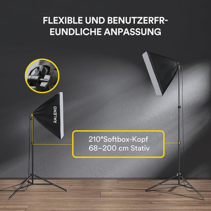 RALENO Softboxes, 2 x 50W LED Softbox Photo Studio Set, 2 x 50 x 50 cm Photo Light with 5500K Bulb and Stand for Portrait Photography, Game Streaming, YouTube Video Photography