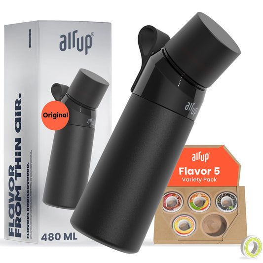 air up® Twist Pro Bottle Steel Starter Set Original made of stainless steel including pods in 5 flavors, sugar-free I 480ml insulated bottle with flavor, keeps water cold for 14 hrs I Black