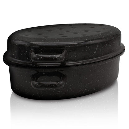 Krüger enameled roasting pan with drip lid - high-quality roaster - suitable for all types of stoves - excellent for roasts and poultry (enamel - black-white speckled (42 x 32 cm))