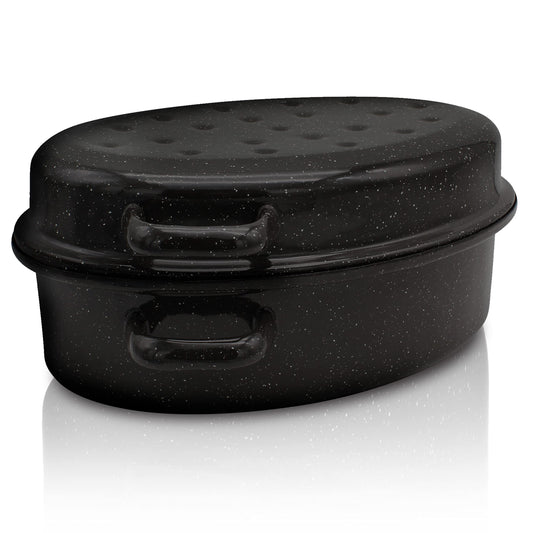 Krüger enameled roasting pan with drip lid - high-quality roaster - suitable for all types of stoves - excellent for roasts and poultry (enamel - black-white speckled (42 x 32 cm))