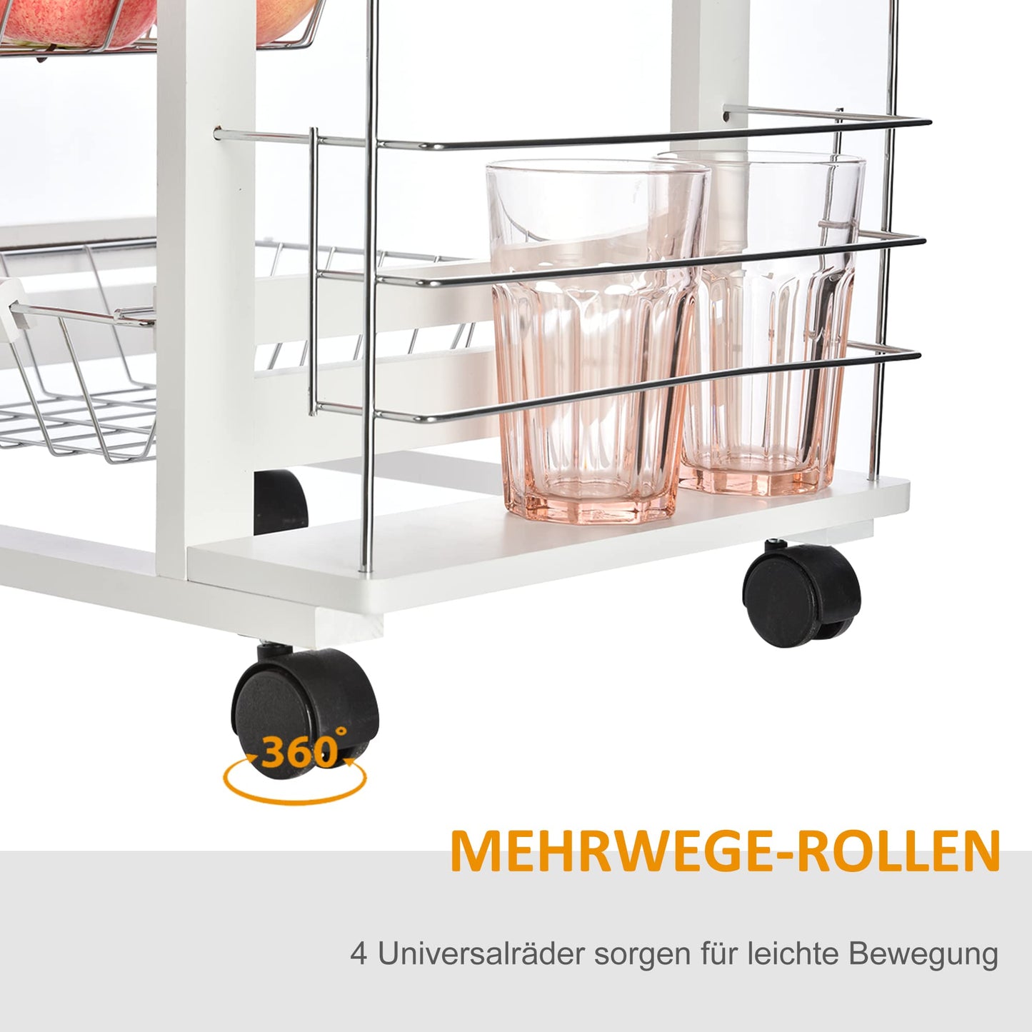 HOMCOM kitchen cart, 5-tier serving cart with countertop, rolling cart, kitchen shelf with wheels, drawer, and metal baskets, pine wood white 47 x 37 x 83 cm
