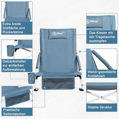 Homecall Folding Beach Chair Lightweight Portable Camping Low Chair with Comfortable Backrest, Padded Armrests - beach chair beach chairs foldable Up to 120KG (1 Chair with Cushion)