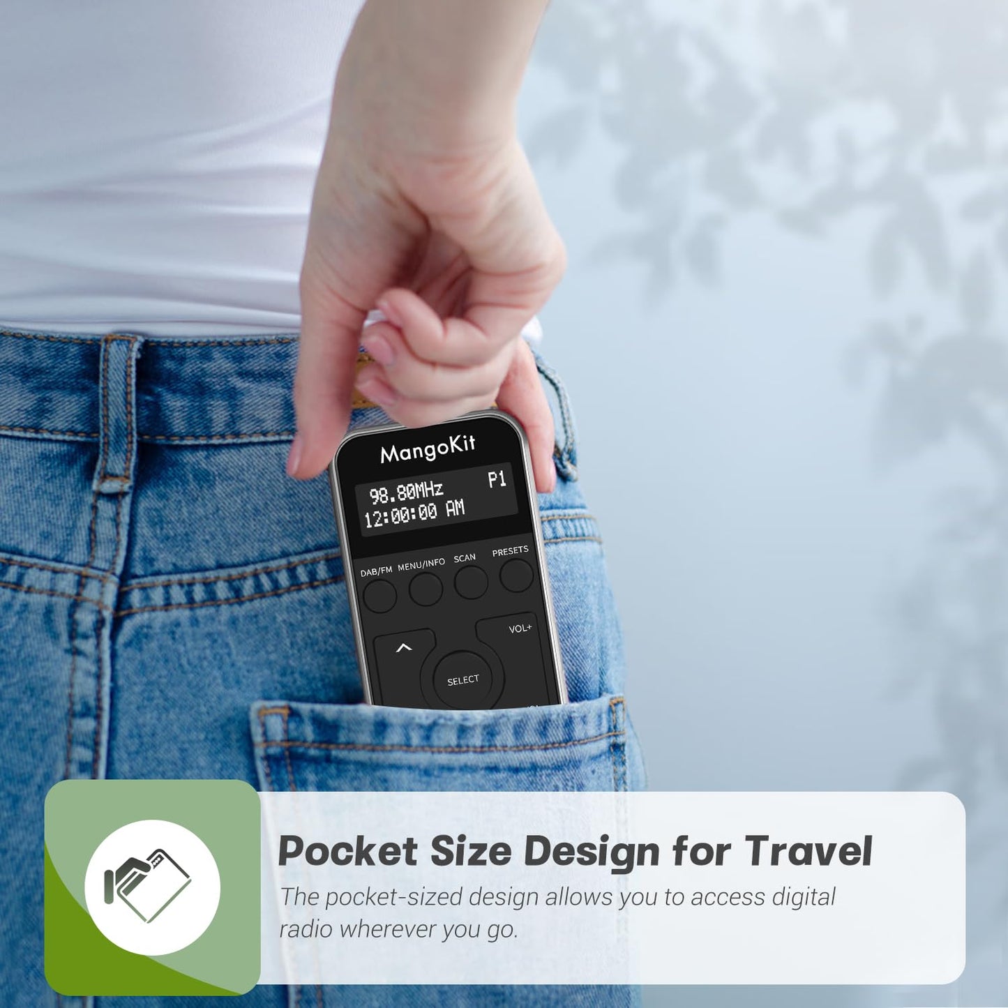 MangoKit MP1+ Portable Pocket DAB DAB+ Radio, Personal FM Radio with Headphones, Sports DAB Radio with Lockable Buttons, Rechargeable Battery, 20 Presets W/Display-Black & Silver.